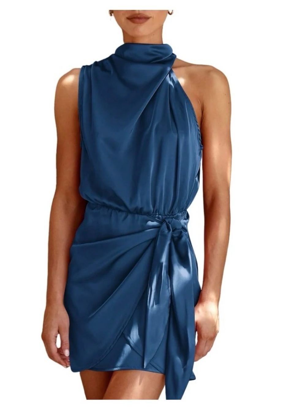 Women’s Satin Summer Sleeveless Mock Neck Tie Waist Cocktail Party Dress